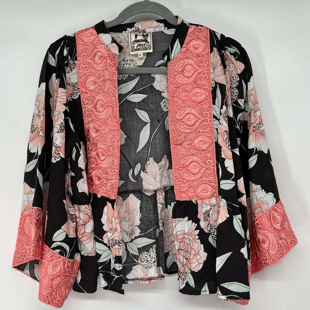 Jaase Floral Kimono Crop Cardigan Women's Sz M Black Pink Rayon Embroidered Trim